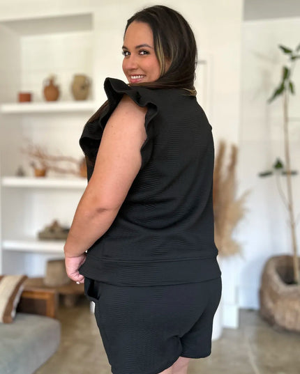 Double Take Full Size Texture Flounce Sleeve Top and Shorts Set