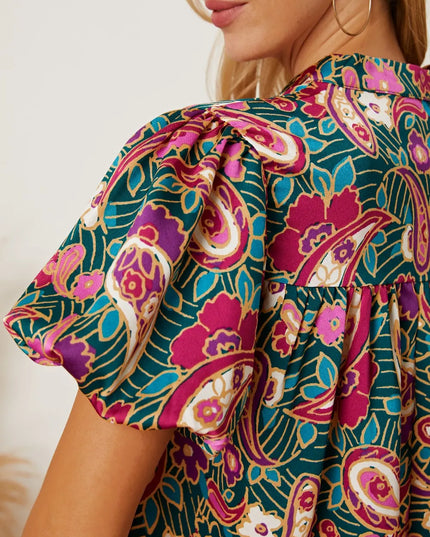 Floral Collared Neck Short Sleeve Blouse