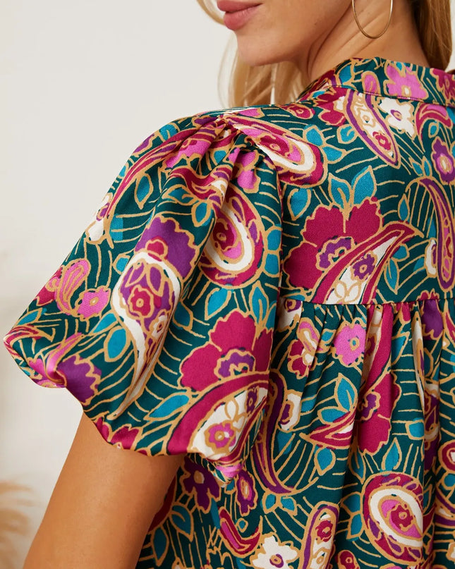 Floral Collared Neck Short Sleeve Blouse