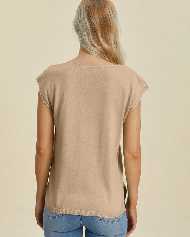 Double Take Full Size Notched Cap Sleeve Knit Top