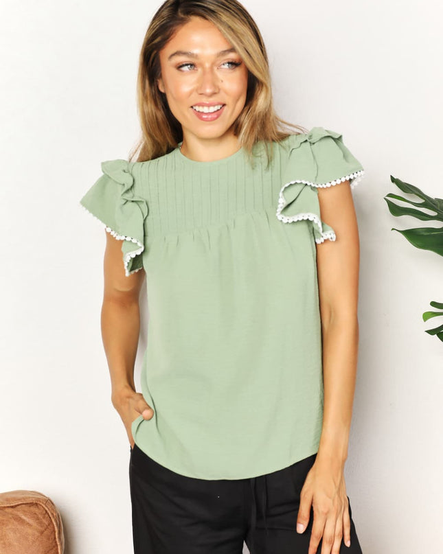 Perfee Pleated Detail Flutter Sleeve Blouse Light Green