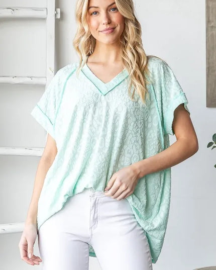 Heimish Full Size Exposed Seam V-Neck Short Sleeve Leopard Top Plus Size