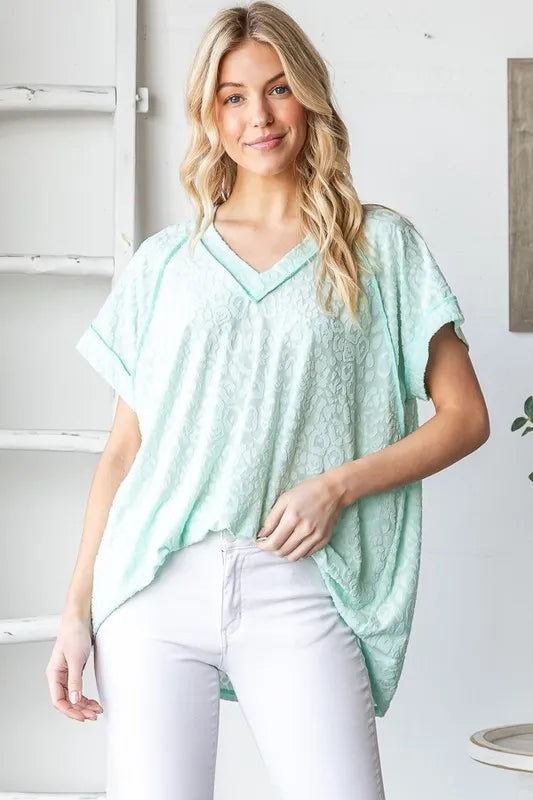 Heimish Full Size Exposed Seam V-Neck Short Sleeve Leopard Top Plus Size