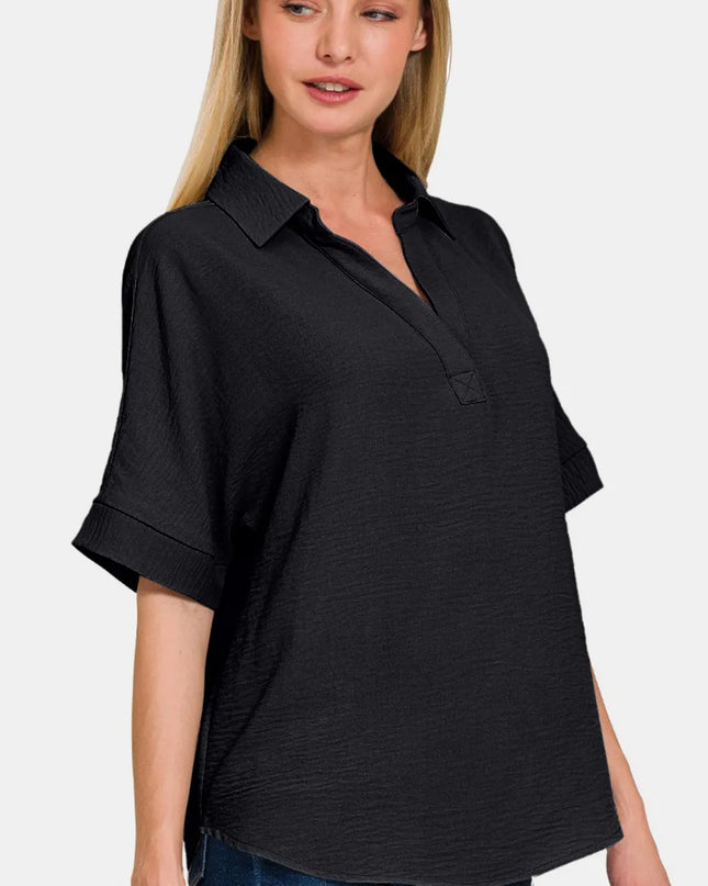 Zenana Full Size Texture Collared Neck Short Sleeve Top
