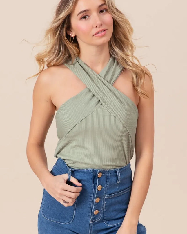 BiBi Rib Knit Cross Neck Banded Top SAGE