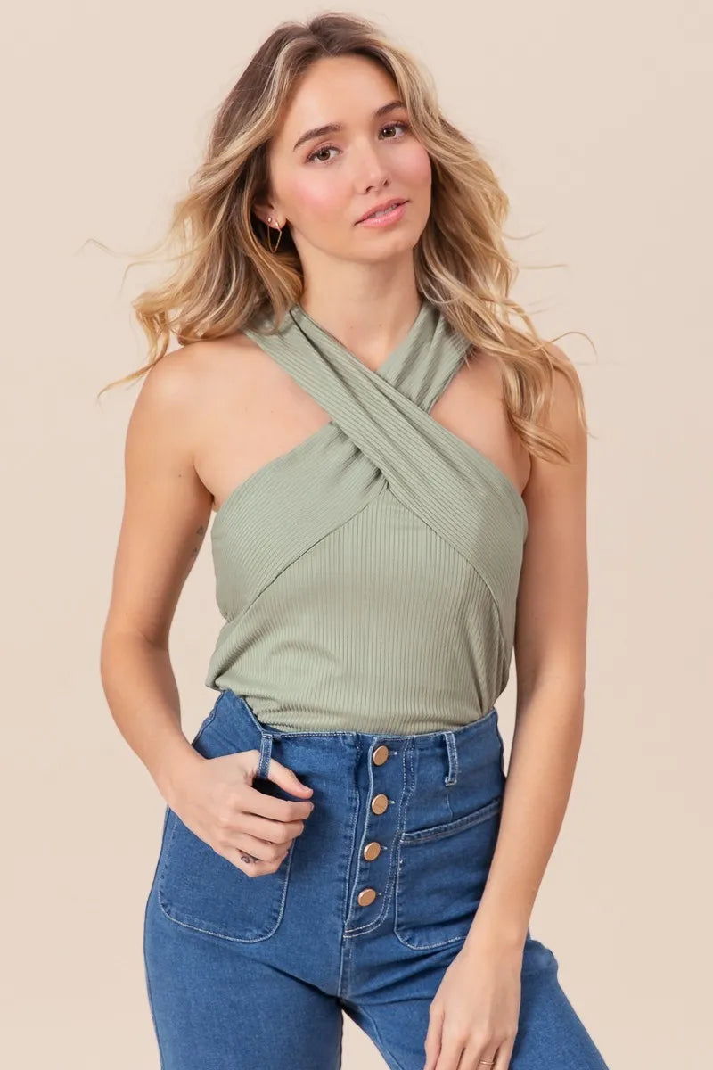 BiBi Rib Knit Cross Neck Banded Top SAGE