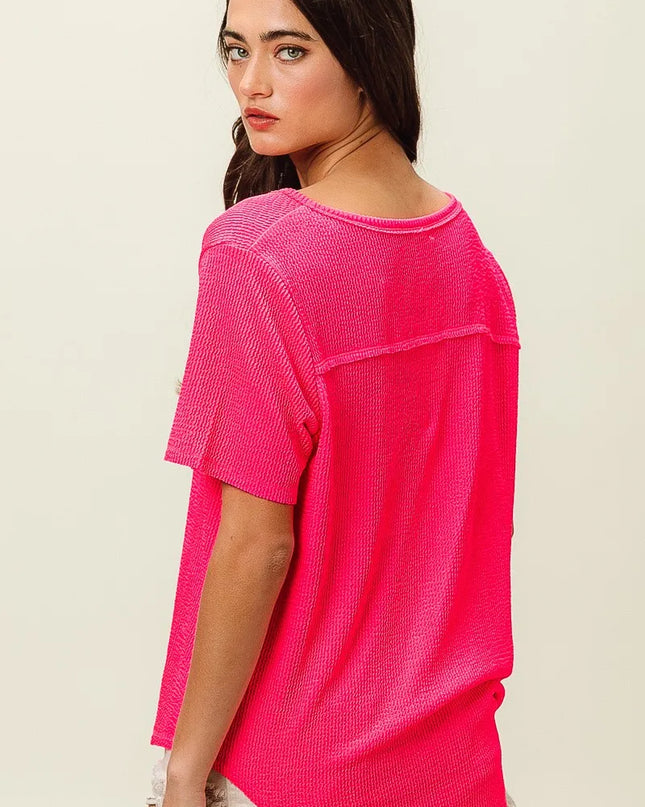 BiBi Waved Rib U Neck Top With Front Pocket