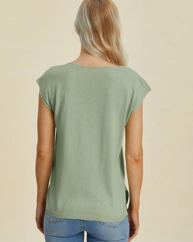 Double Take Full Size Notched Cap Sleeve Knit Top