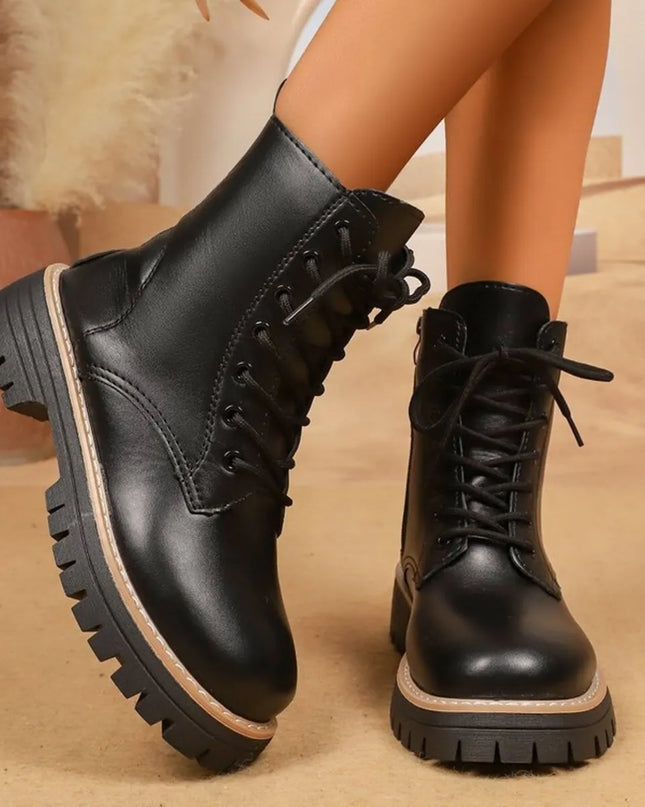 Lace Up Leather Combat Boots with Chunky Sole