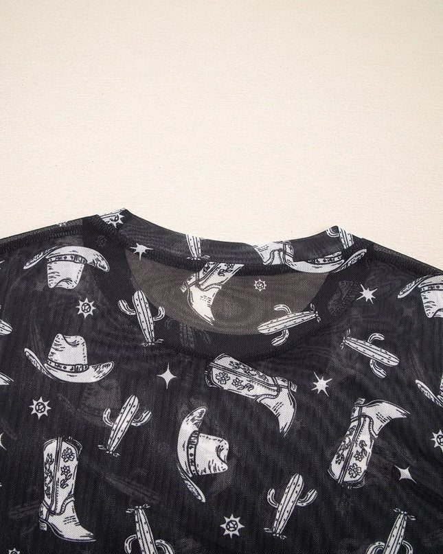 Western Pattern Mesh Sheer Crew Neck Top