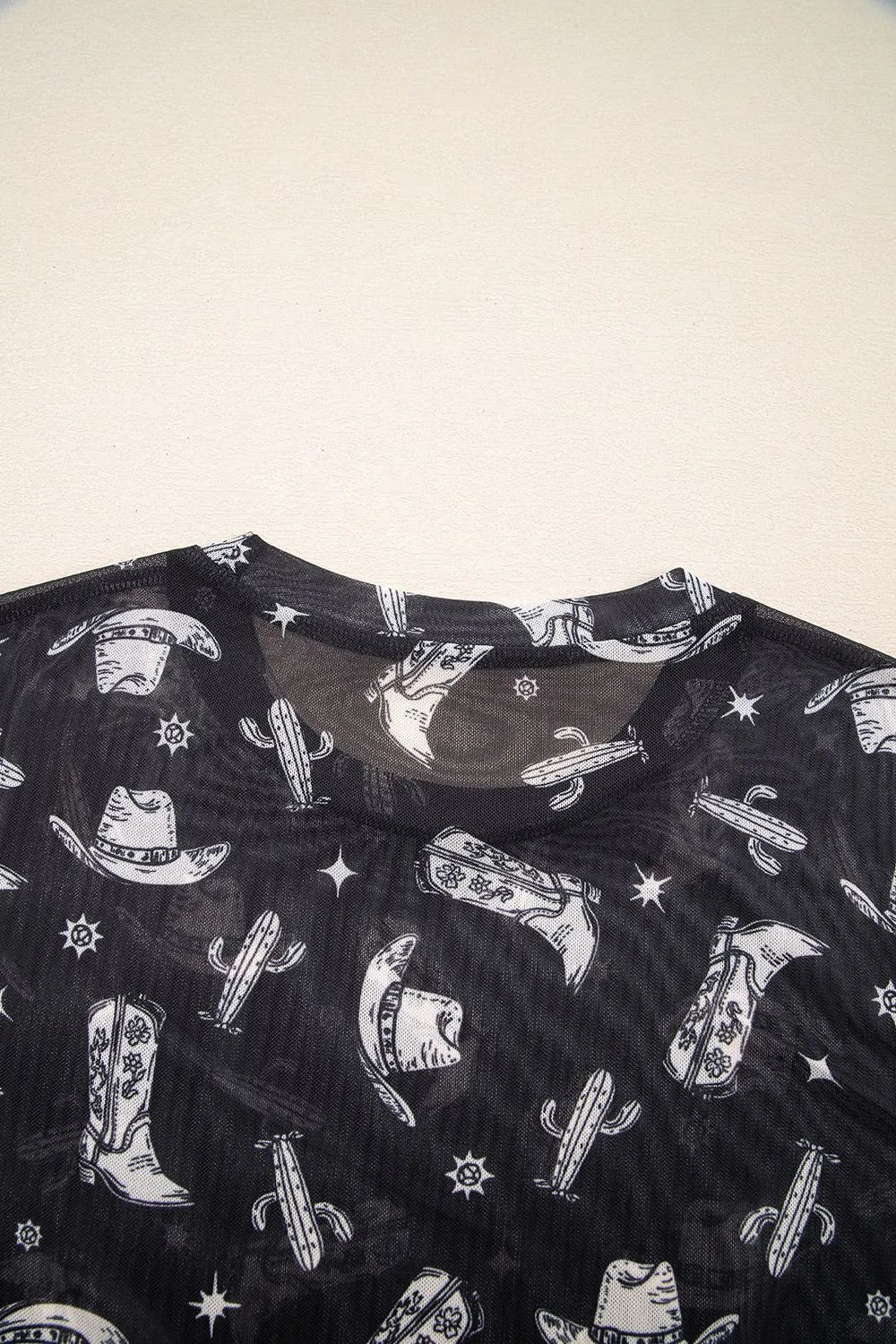 Western Pattern Mesh Sheer Crew Neck Top