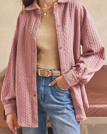 Cable Texture Puff Sleeve Loose Shacket Dusty Pink