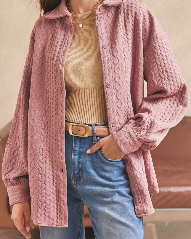 Cable Texture Puff Sleeve Loose Shacket Dusty Pink