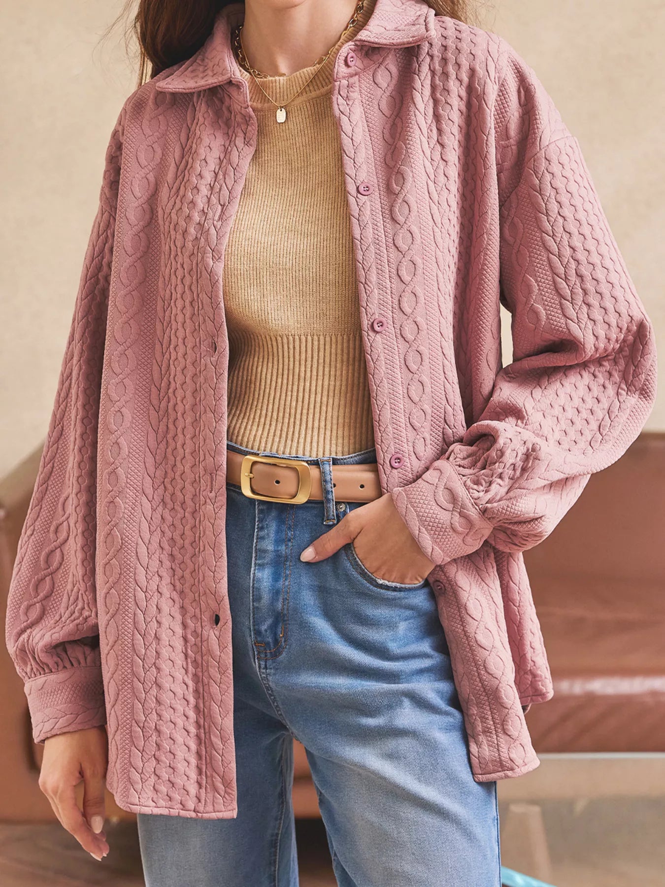 Cable Texture Puff Sleeve Loose Shacket Dusty Pink