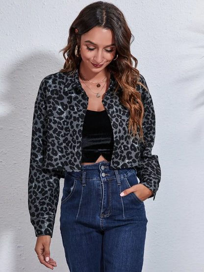 Button Down Printed Cropped Jacket Gray black leopard