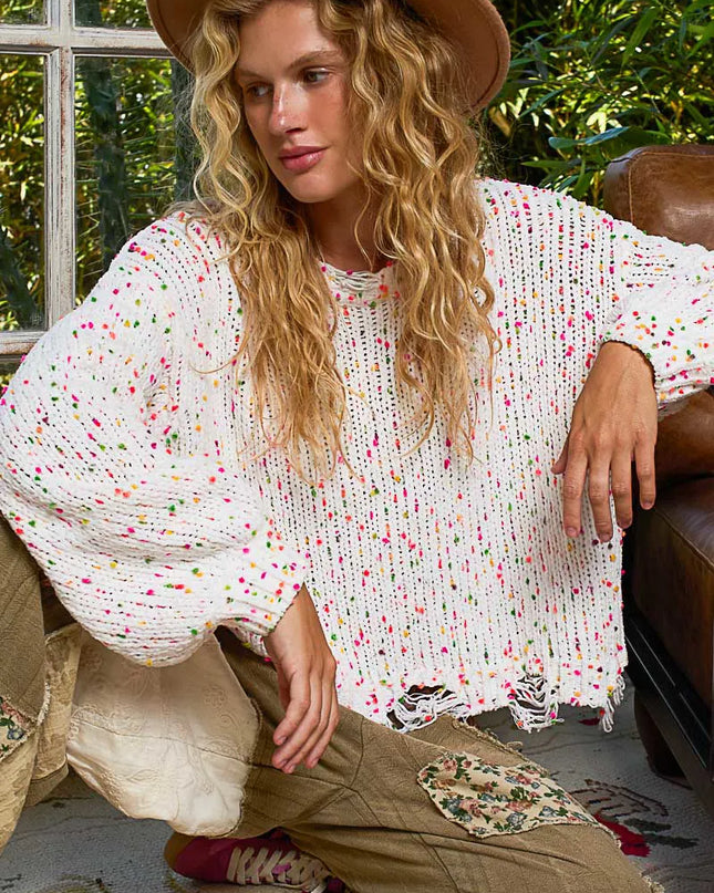 POL Round Neck Fringed Hem Sweater