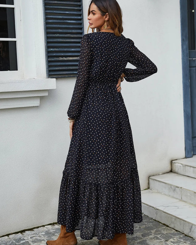 Embroidered V-Neck Long Sleeve Dress