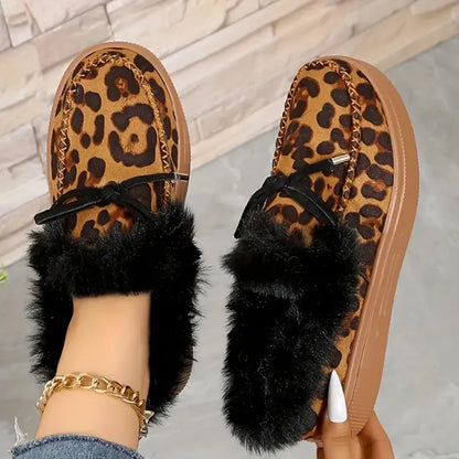 Bow Furry Round Toe Flat Slip-Ons Leopard