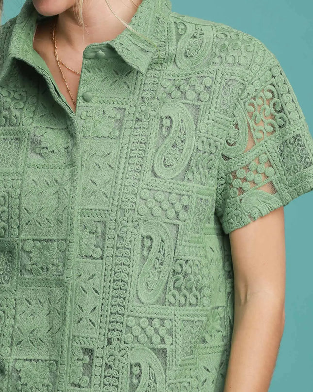 Umgee Patch Lace Short Sleeve Button Down Shirt