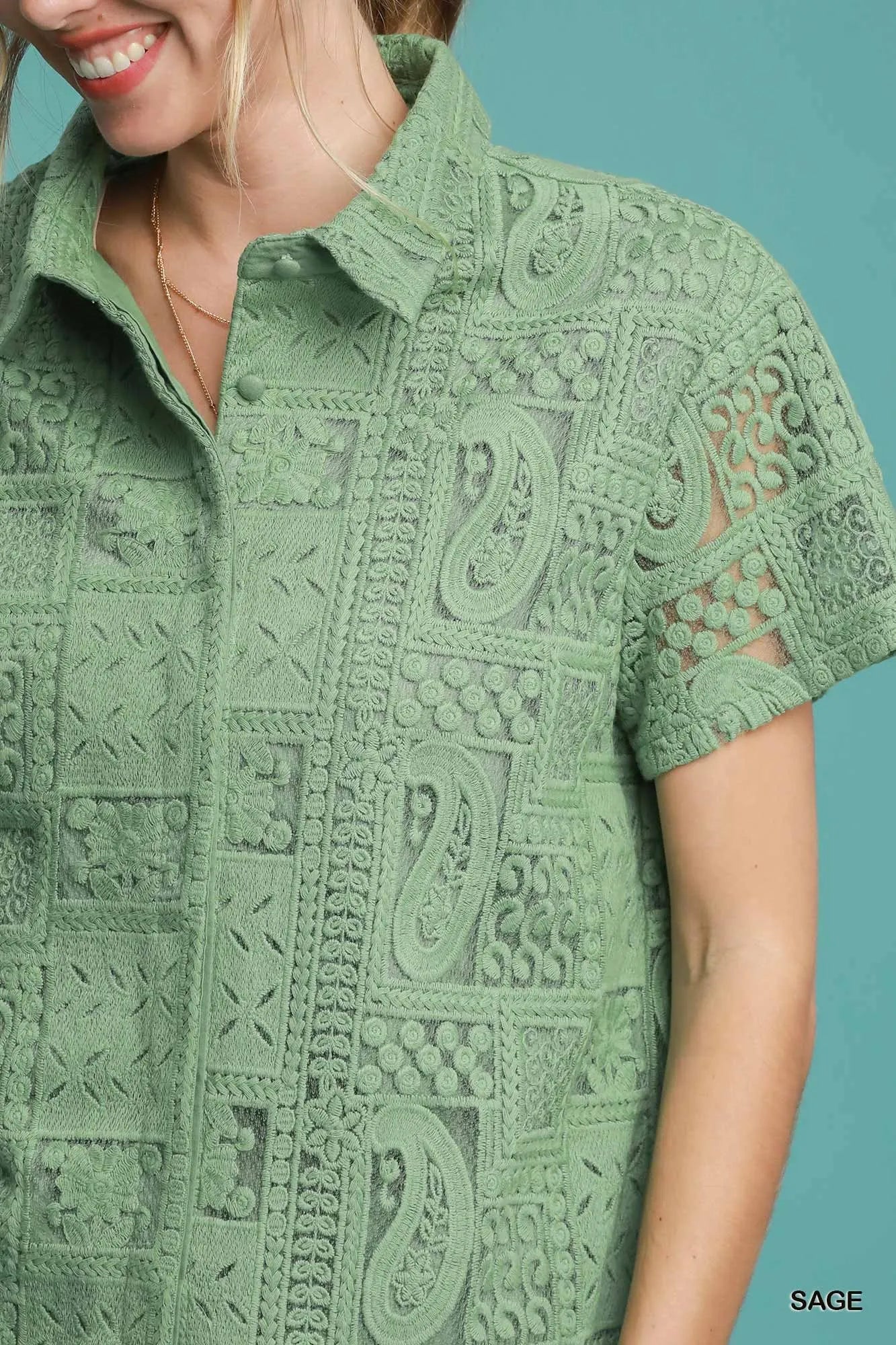 Umgee Patch Lace Short Sleeve Button Down Shirt