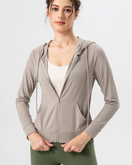 Drawstring Zip Up Hooded Active Outerwear Tan