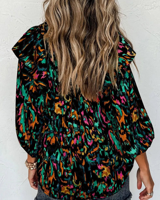 Abstract Print 3/4 Sleeve Ruffle Blouse