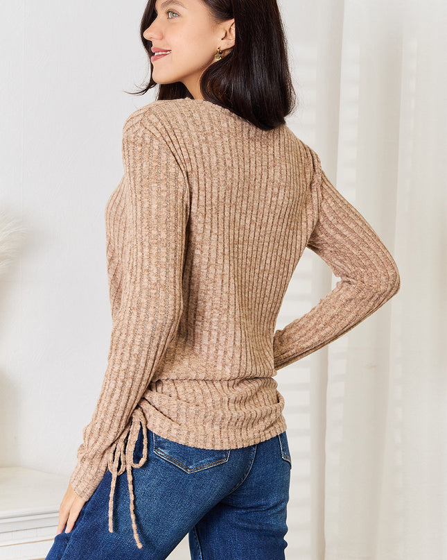 Double Take Drawstring Ribbed Long Sleeve T-Shirt