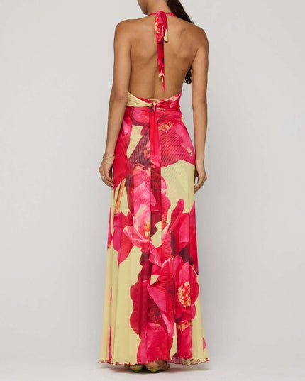 Floral Halter Neck Deep V Maxi Dress