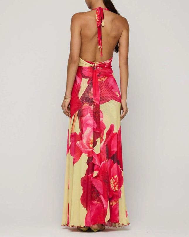Floral Halter Neck Deep V Maxi Dress