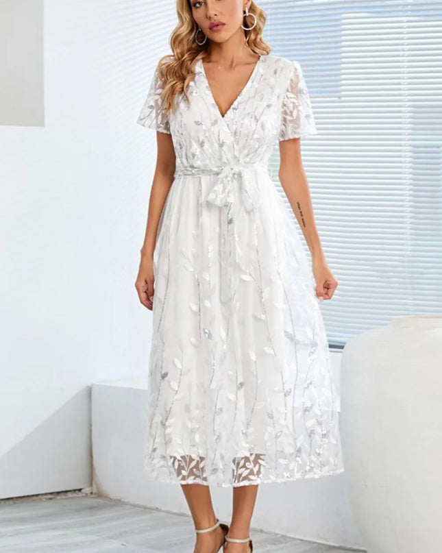 Sequin Leaf Embroidery Tie Front Short Sleeve Dress