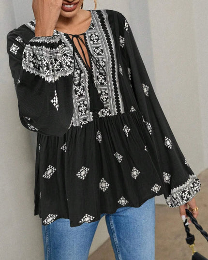 Tie Front Long Sleeve Blouse Black
