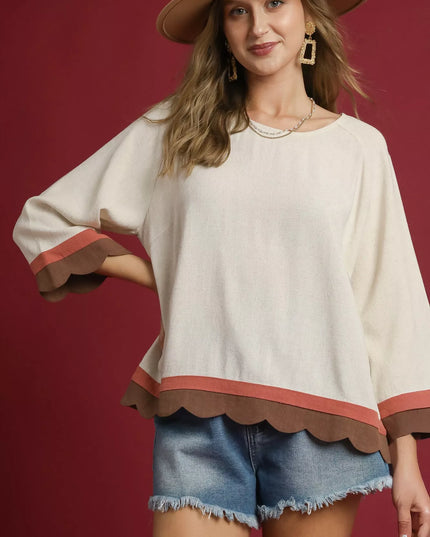 Umgee Scalloped Hem Color Block Top OATMEAL