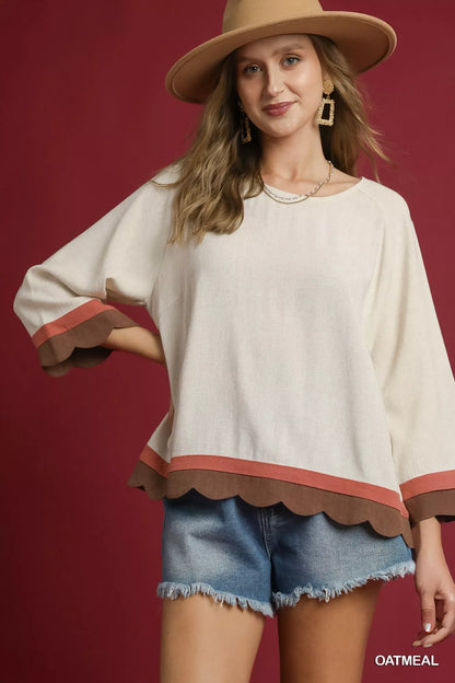 Umgee Scalloped Hem Color Block Top OATMEAL
