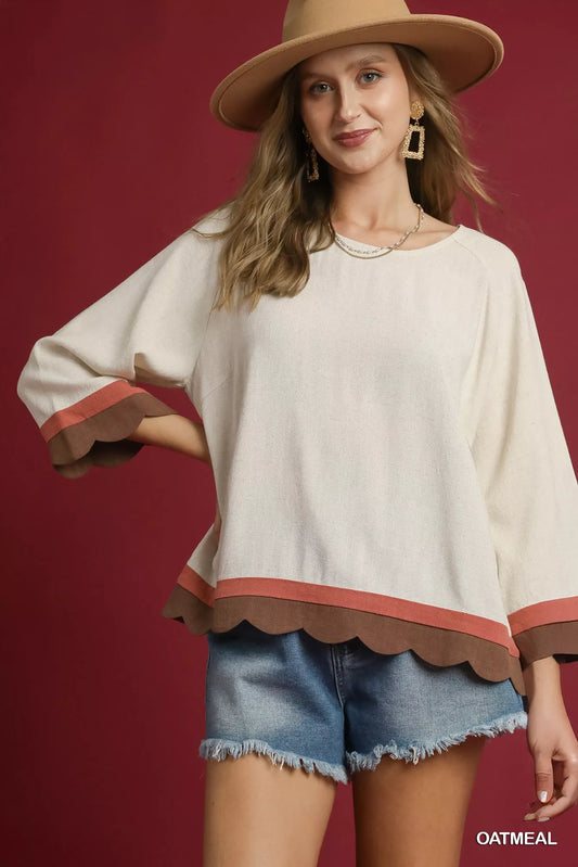 Umgee Scalloped Hem Color Block Top OATMEAL