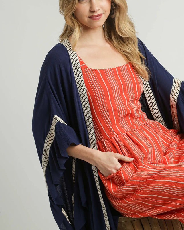 Umgee Ruffle Trim Kimono with Crochet Accent