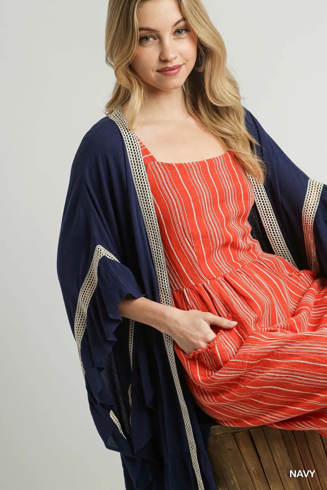 Umgee Ruffle Trim Kimono with Crochet Accent