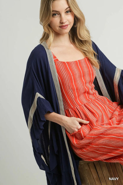 Umgee Ruffle Trim Kimono with Crochet Accent