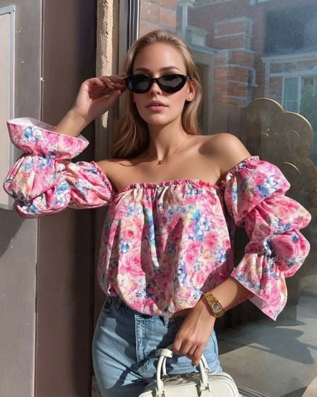 Printed Off-Shoulder Flounce Sleeve Blouse Fuchsia Pink