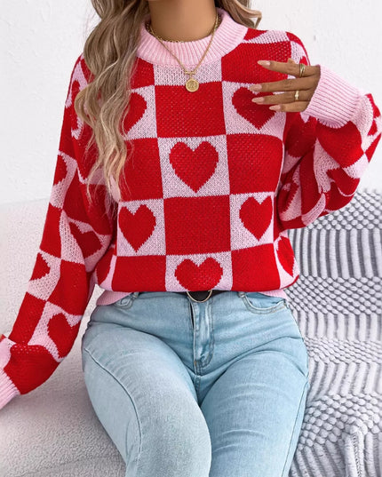 Heart Checkerboard Pattern Round Neck Sweater