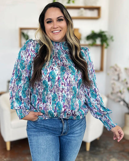 Double Take Full Size Printed Smocked Long Sleeve Blouse
