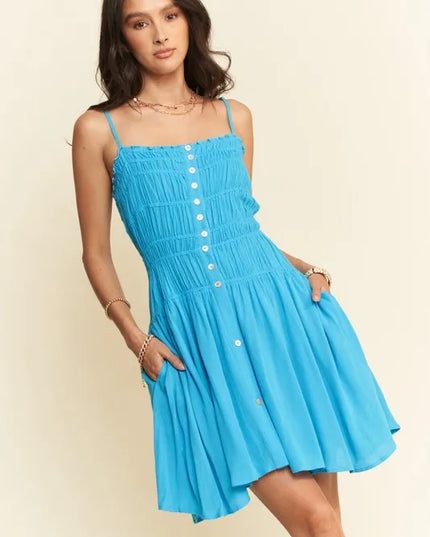Davi & Dani Smocking Bodice Sleeveless Button Down Mini Dress