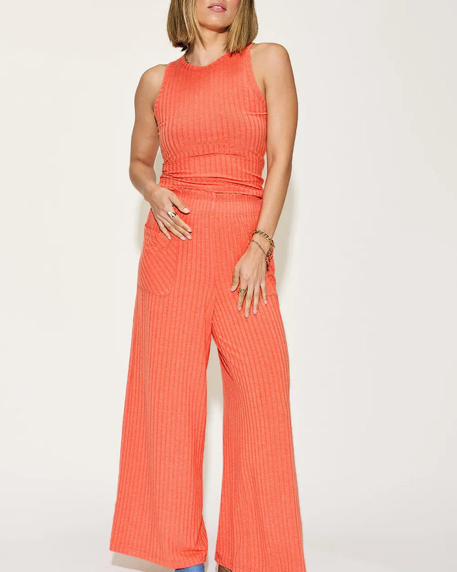 Basic Bae Full Size Ribbed Tank and Wide Leg Pants Set Orange