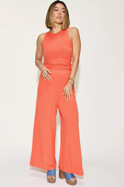 Basic Bae Full Size Ribbed Tank and Wide Leg Pants Set Orange