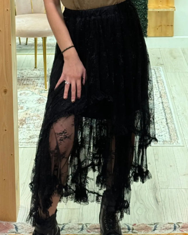Elastic Waist Asymmetrical Lace Skirt