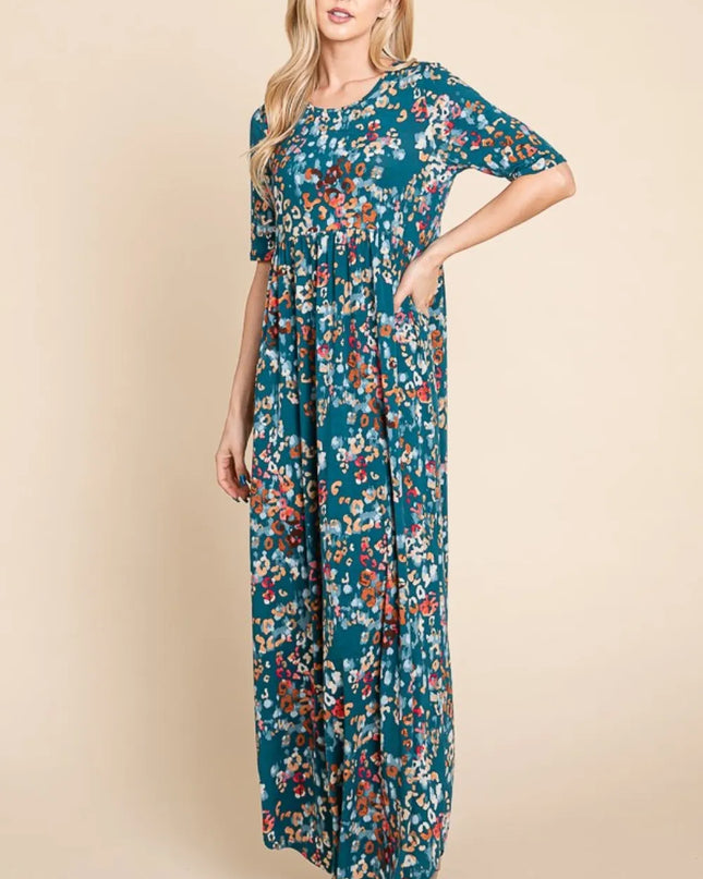 BOMBOM Printed Shirred Maxi Dress Teal