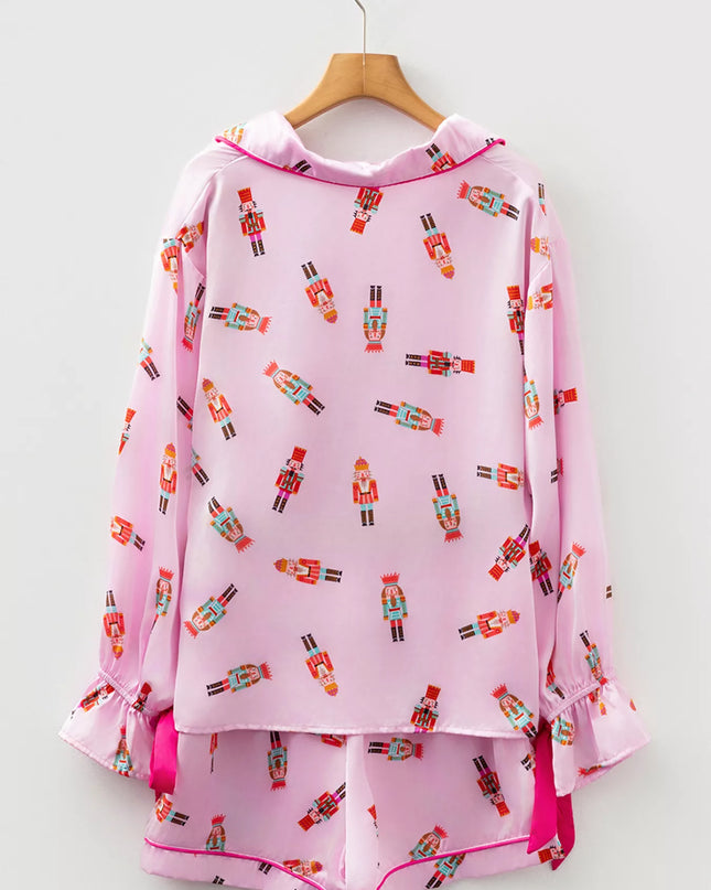 Nutcracker Print Contrast Trim Top and Shorts Pajama Set