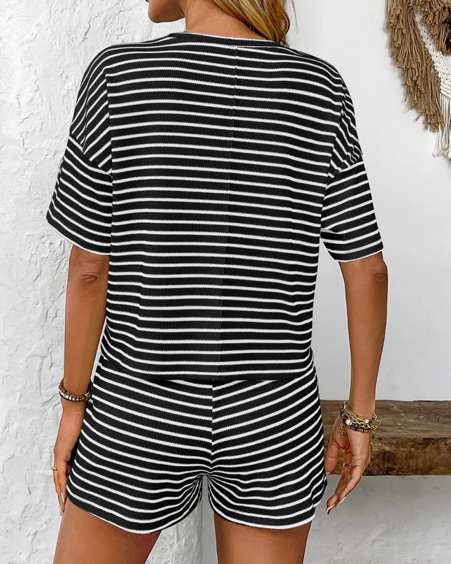 Striped Round Neck Short Sleeve Top and Shorts Set