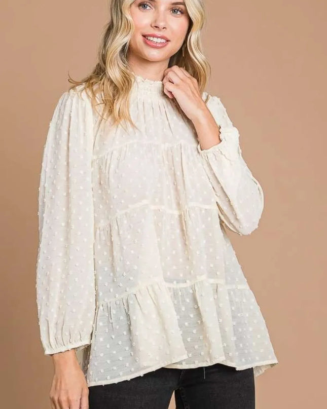 Culture Code Full Size Swiss Dot Smocked Mock Neck Blouse Plus Size