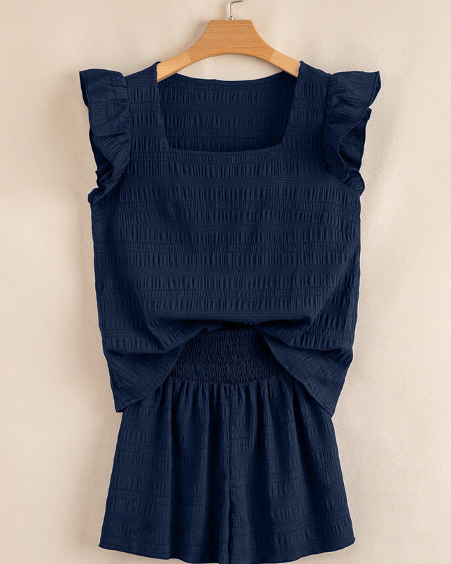 Textured Square Neck Top and Shirred High Waist Shorts Set