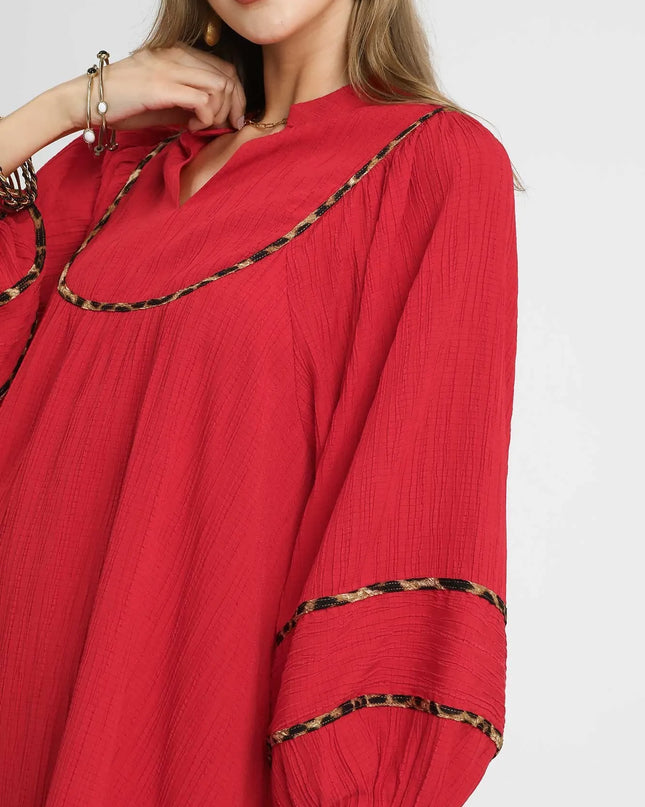 Umgee Textured Babydoll Dress with Leopard Trim